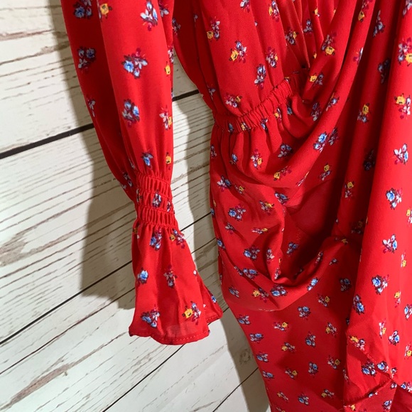 Gap Red Blue Yellow Tiny Floral Print, Ruffle Details Pockets Fit Flare Dress - Picture 7 of 8